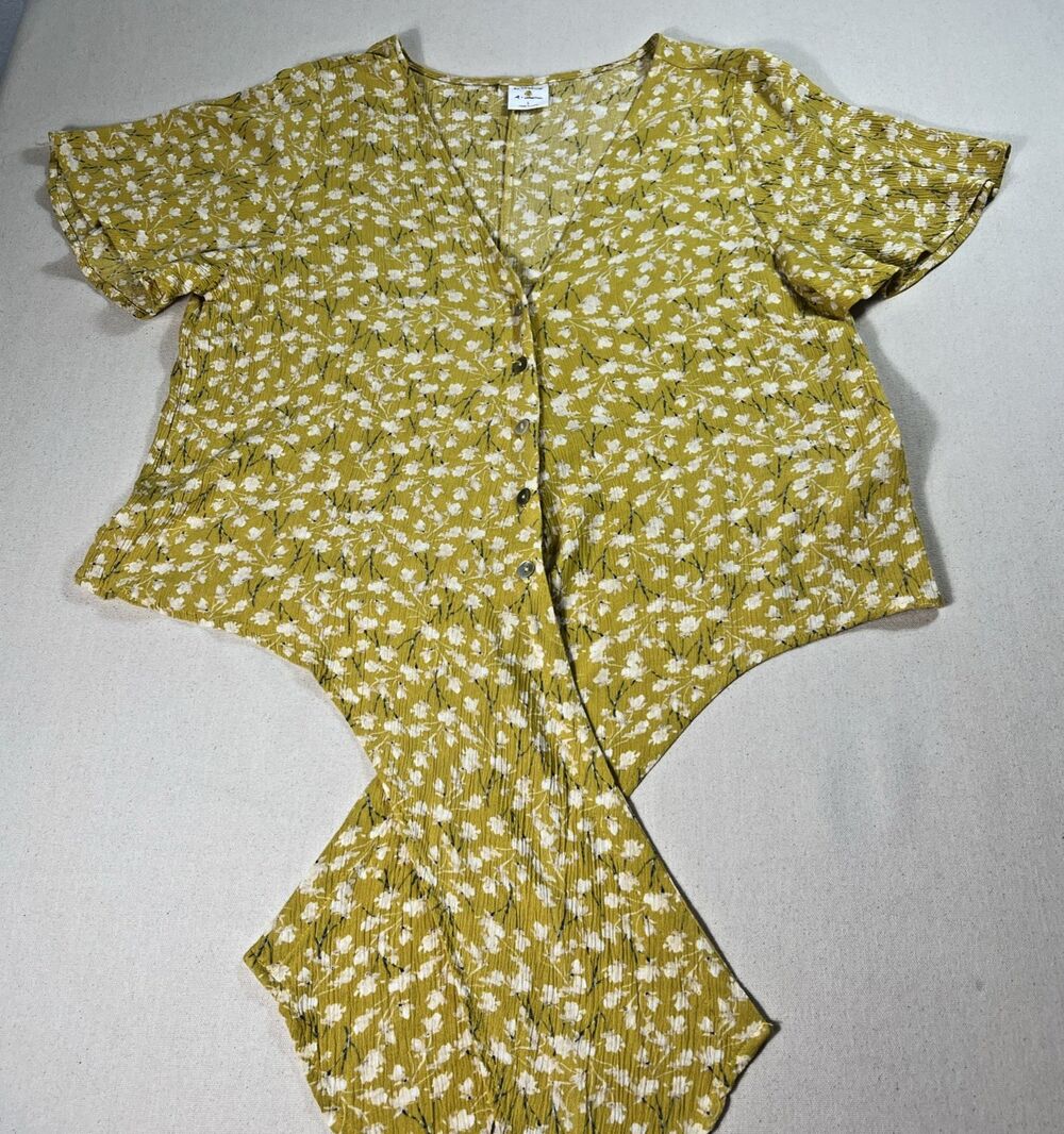 By Together Yellow Floral Blouse Womens L Tie Waist V Neck Button Front Top Boho